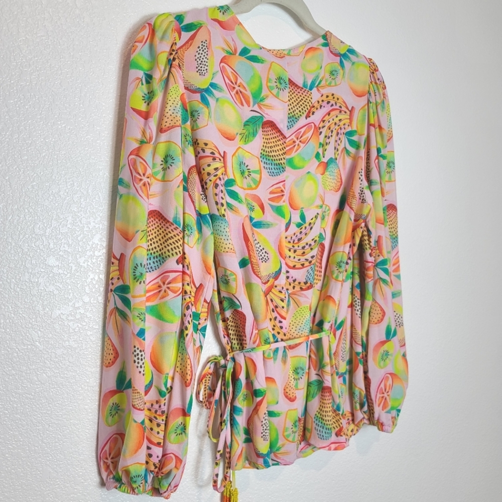 Anthropologie Farm Rio Rainbow Forest Fruits Print Wrap Blouse - Picture 12 of 13